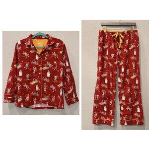 Nick & Nora Winter Ski Sock Monkeys Print Pajama Pant Button Top Set Women’s M